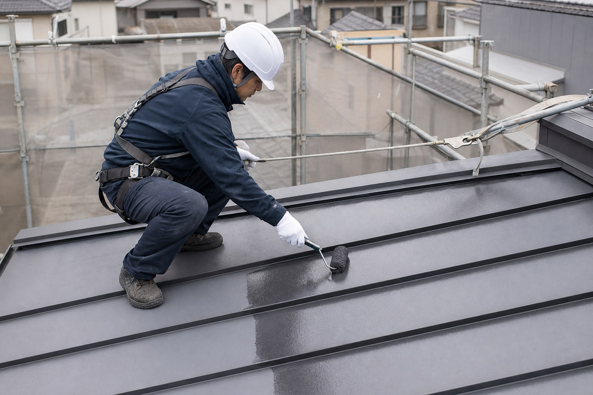 専門職人が安全装備を使用して屋根を下塗りする工程
